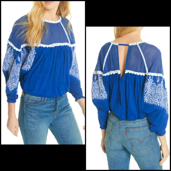 Free People Embroidered Sequin Mesh Balloon Peasant Blouse Top - Picture 2 of 13